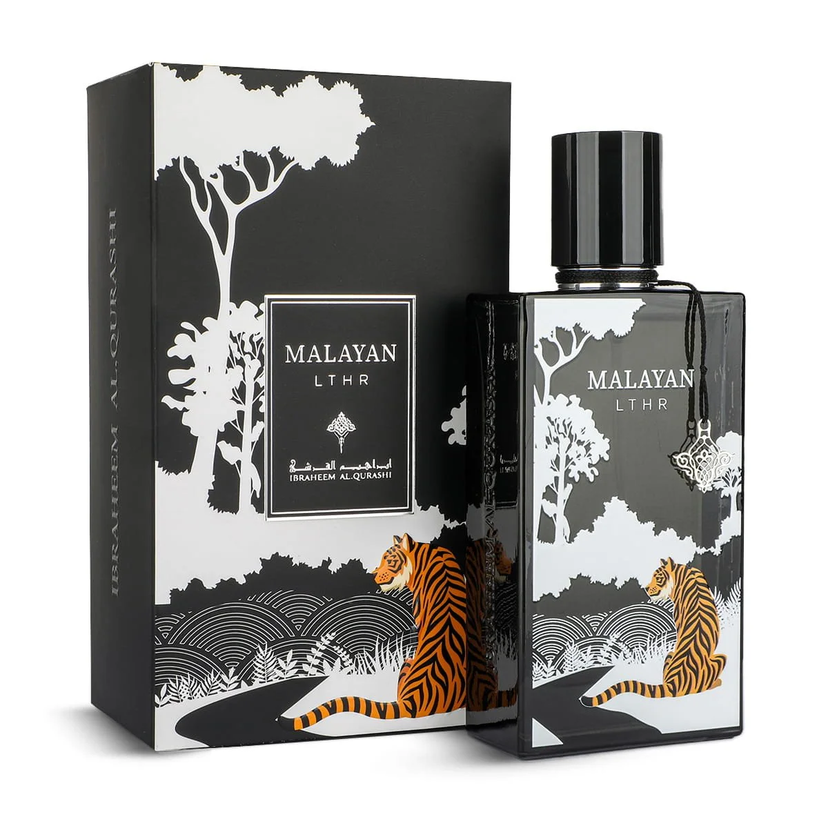 IBRAQ Malayan Leather perfume 75ml next to box, luxury leather fragrance UK