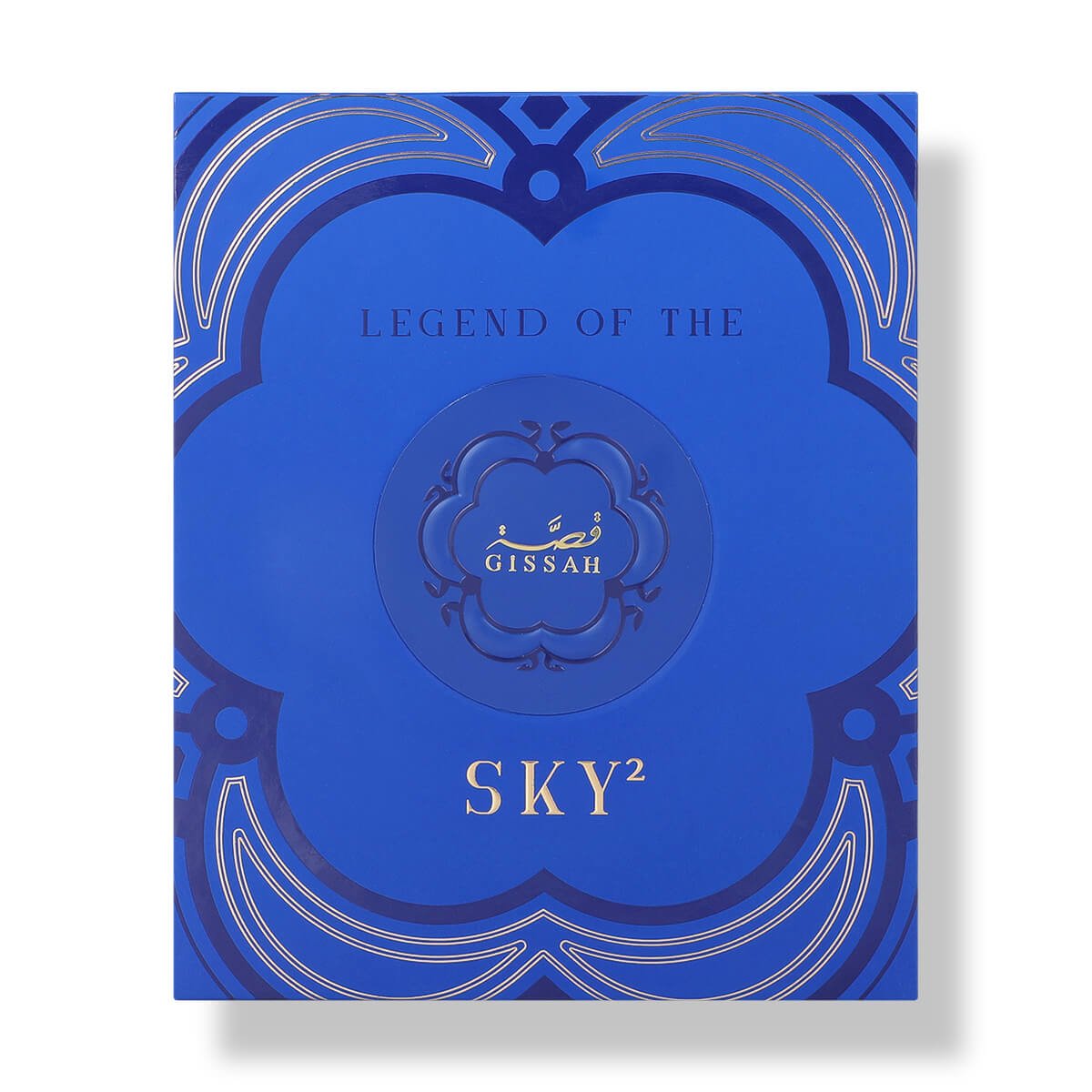 Front view of the royal blue Gissah box with ‘Legend of the Sky for Him’ written in elegant script