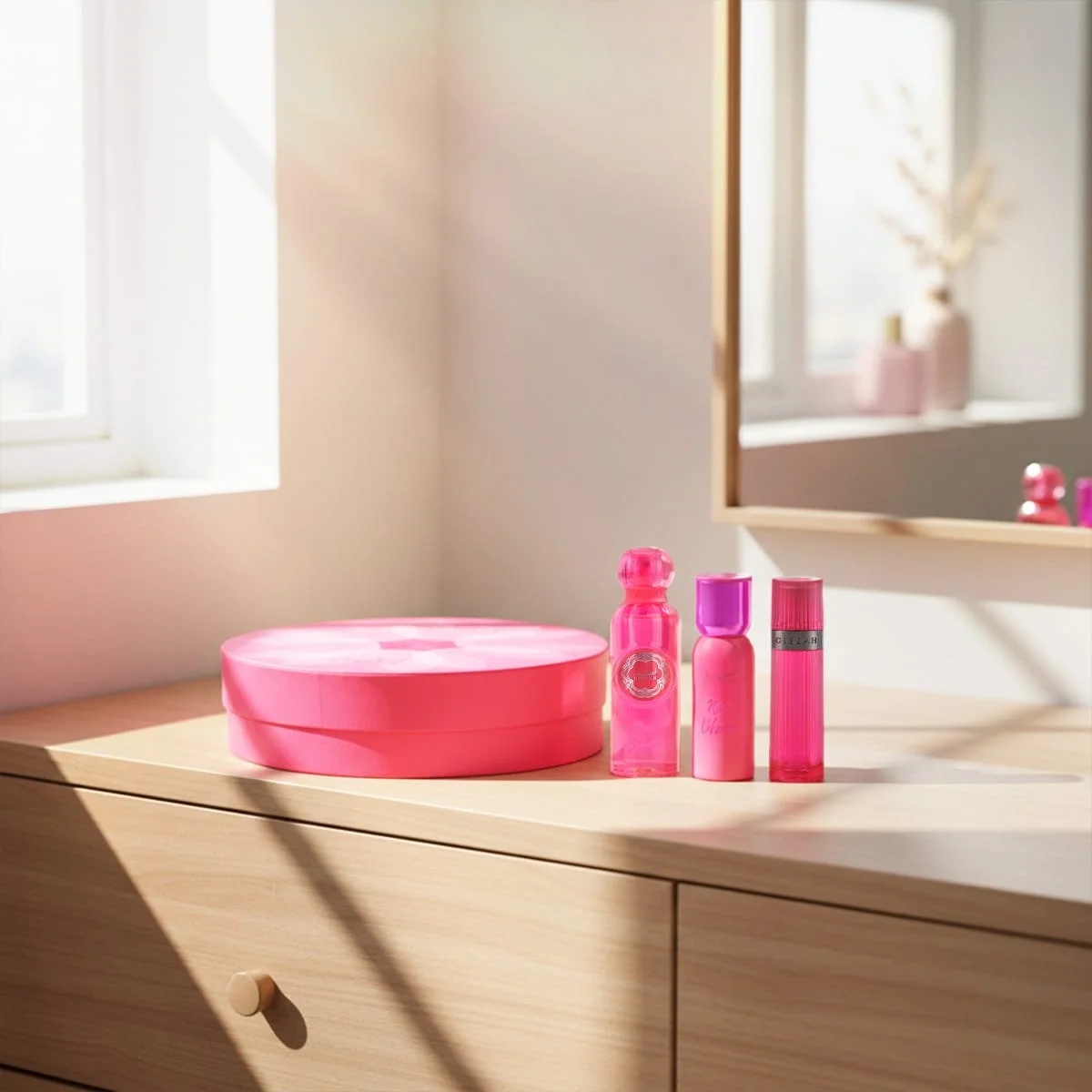 Gissah Neo Bloom fragrance set styled in a luxury bathroom setting