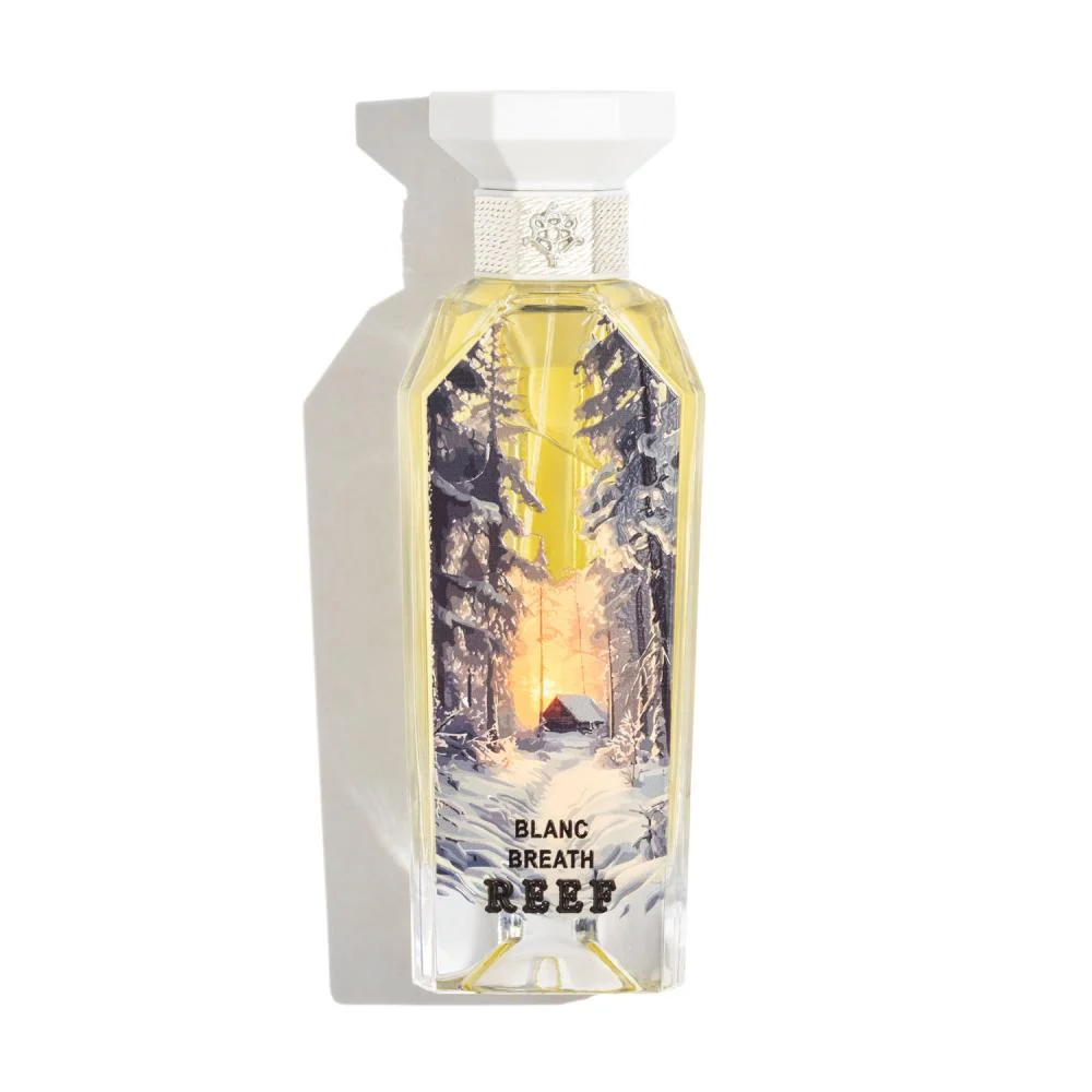 Blanc Breath Eau de Parfum by Reef Perfumes 150ml bottle on a white background, highlighting its minimalist design and the freshness of its unisex winter-inspired composition.