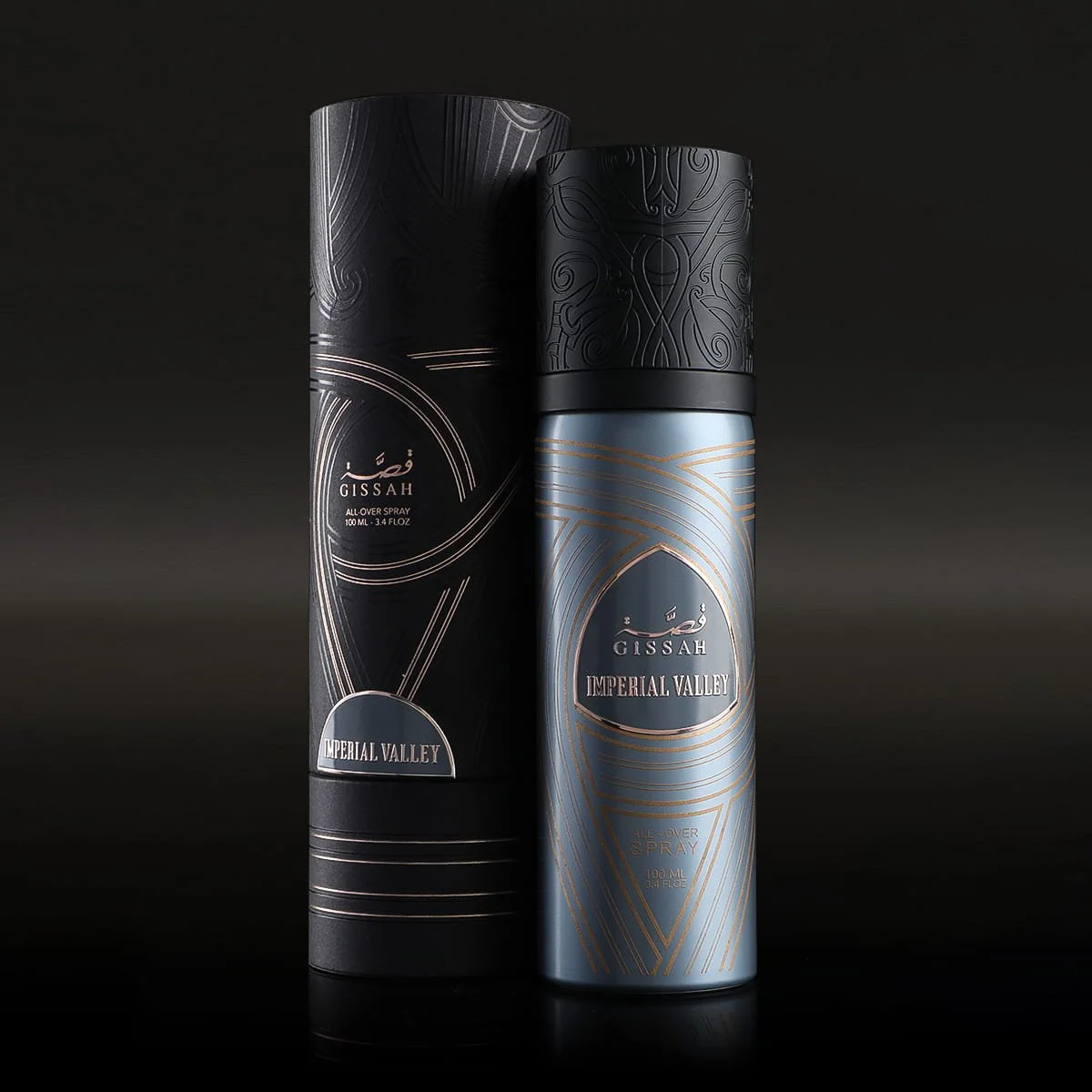 Gissah Imperial Valley All Over Spray 100ml next to luxury branded box on dark background UK