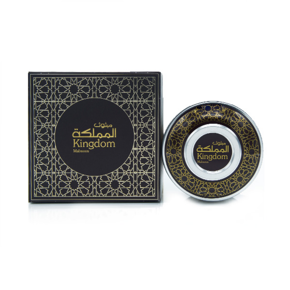 Arabian Oud Kingdom Mabsoos incense case displayed next to luxury box, fresh woody bakhoor UK