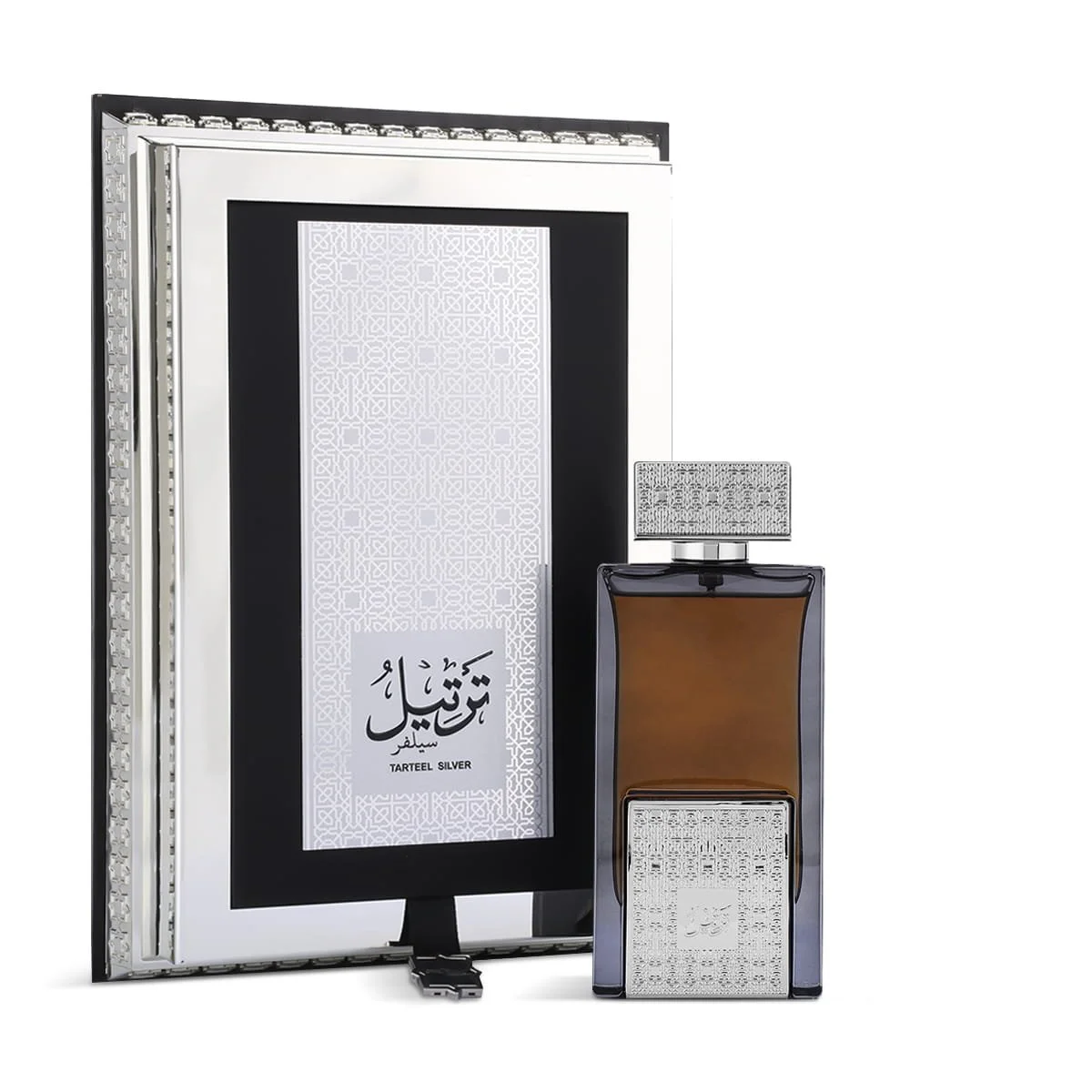 Arabian Oud Tarteel Silver Eau De Parfum 75ml beside luxury presentation case UK