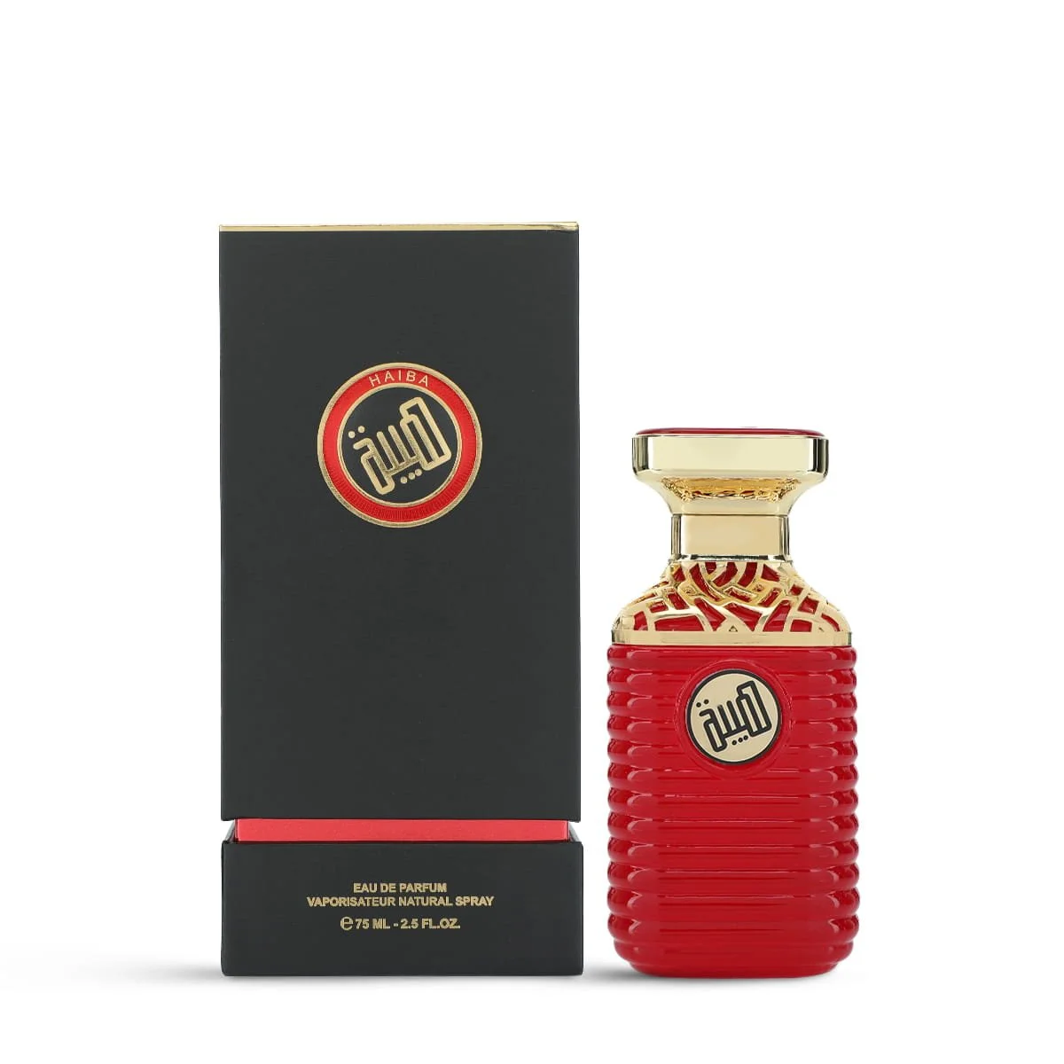 Al Majed Oud Haiba Red perfume 75ml next to box, luxury fragrance UK