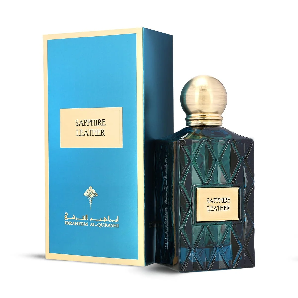 Side angle view of IBRAQ Sapphire Leather perfume 75ml, premium fragrance UK