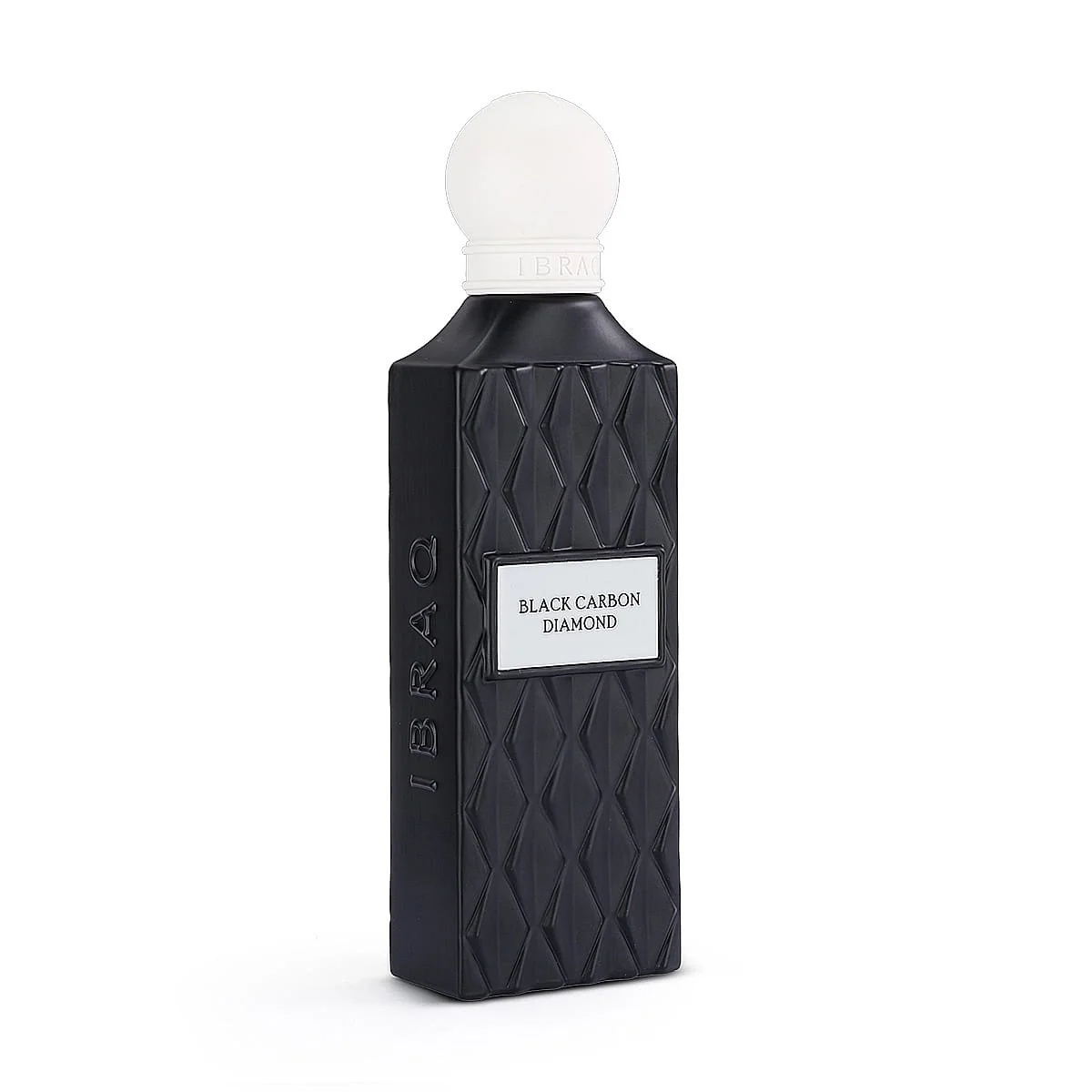Side angle view of IBRAQ Black Carbon Diamond perfume 150ml, luxury fragrance UK