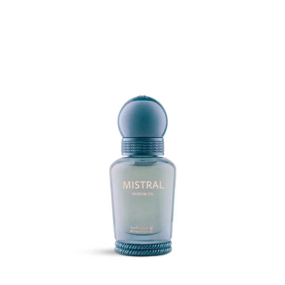 Al Majed Oud Mistral parfum oil 15ml on white background, fresh aromatic perfume oil UK