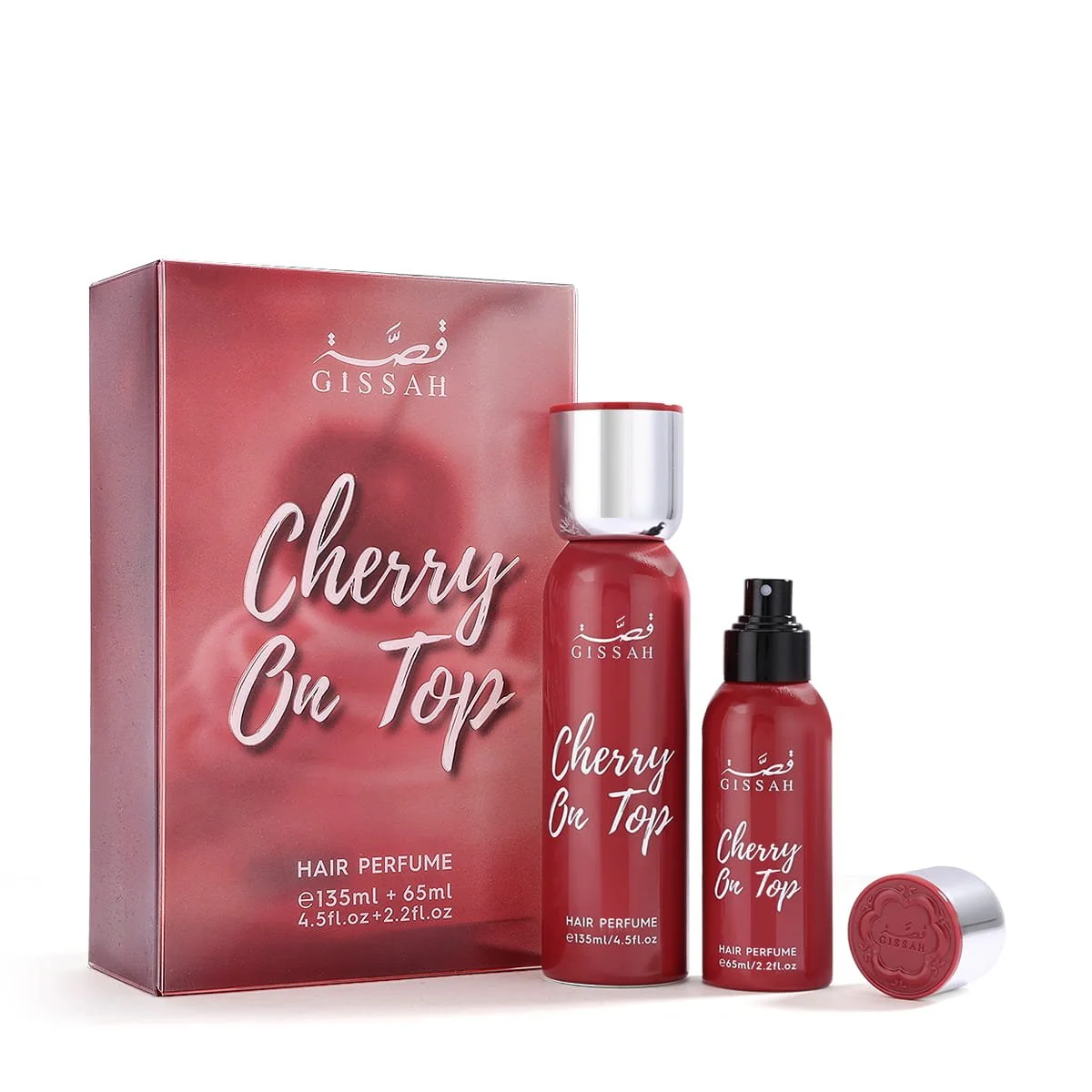 Gissah Cherry On Top hair mist set displayed in front of luxury box, premium hair perfume UK