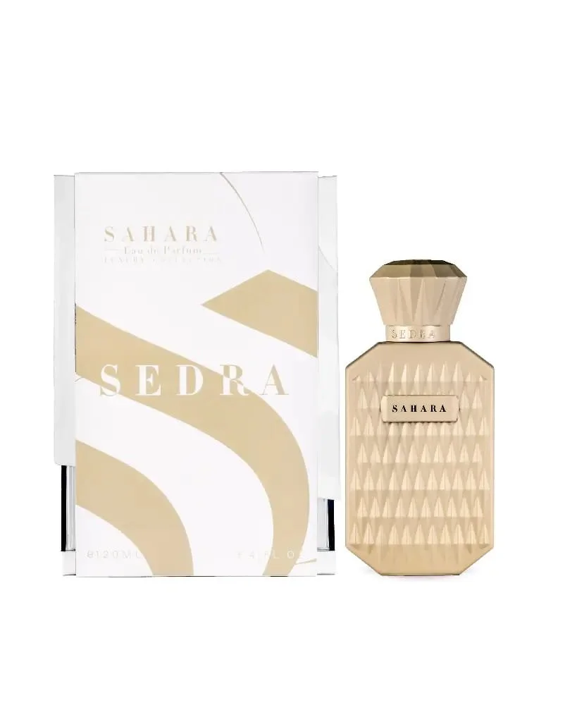 Sedra Sahara perfume 120ml next to luxury box, premium saffron leather fragrance UK