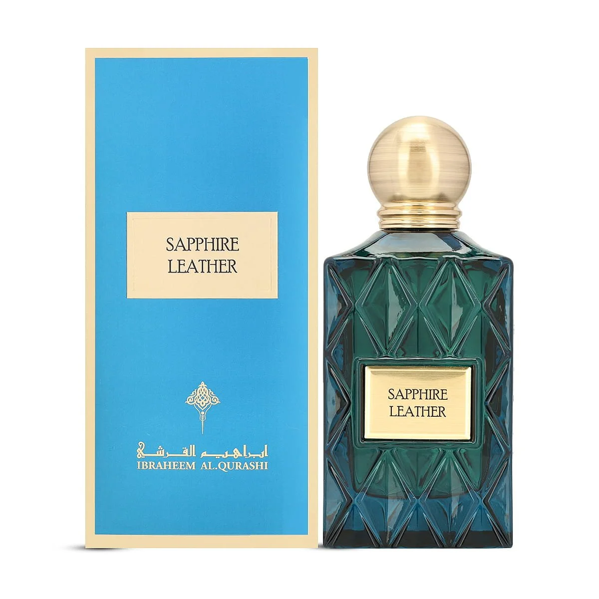 IBRAQ Sapphire Leather perfume 75ml next to box, luxury leather fragrance UK