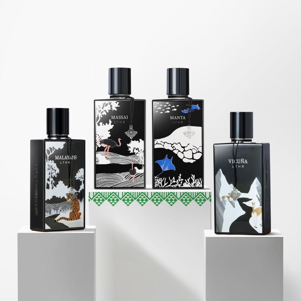 IBRAQ Leather Collection perfumes together hero shot, premium luxury fragrance set UK