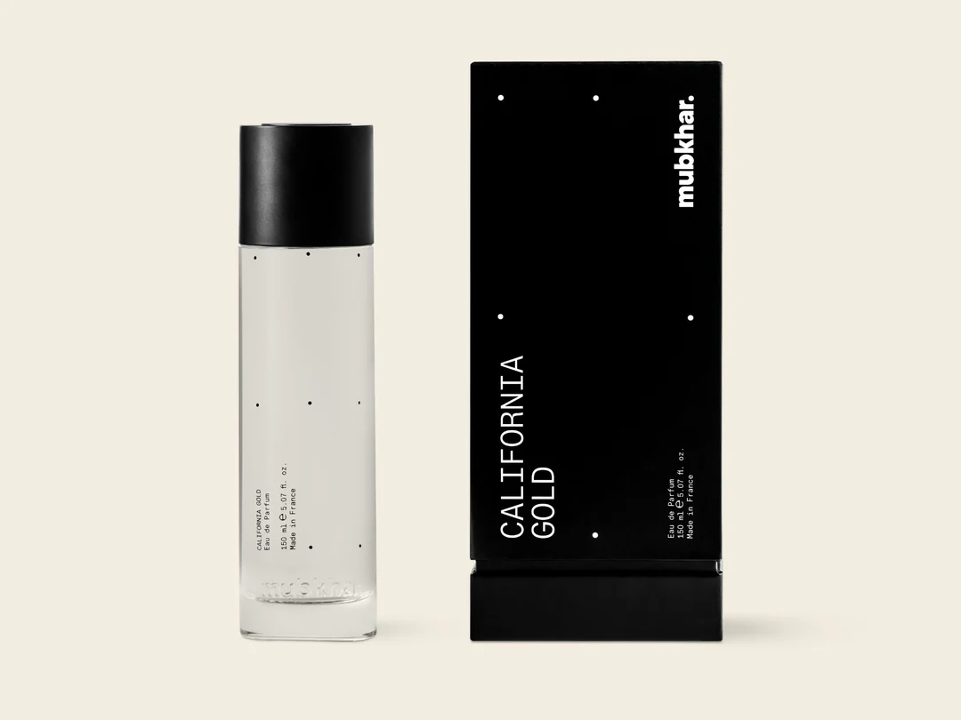 Mubkhar California Gold Eau De Parfum 150ml next to its box, luxury woody amber fragrance UK