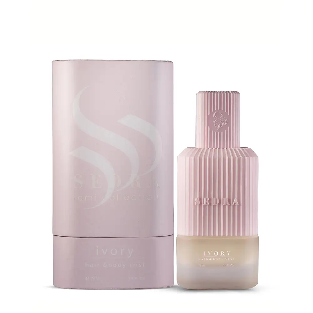 Sedra Ivory hair and body mist next to luxury box, premium musky floral fragrance UK