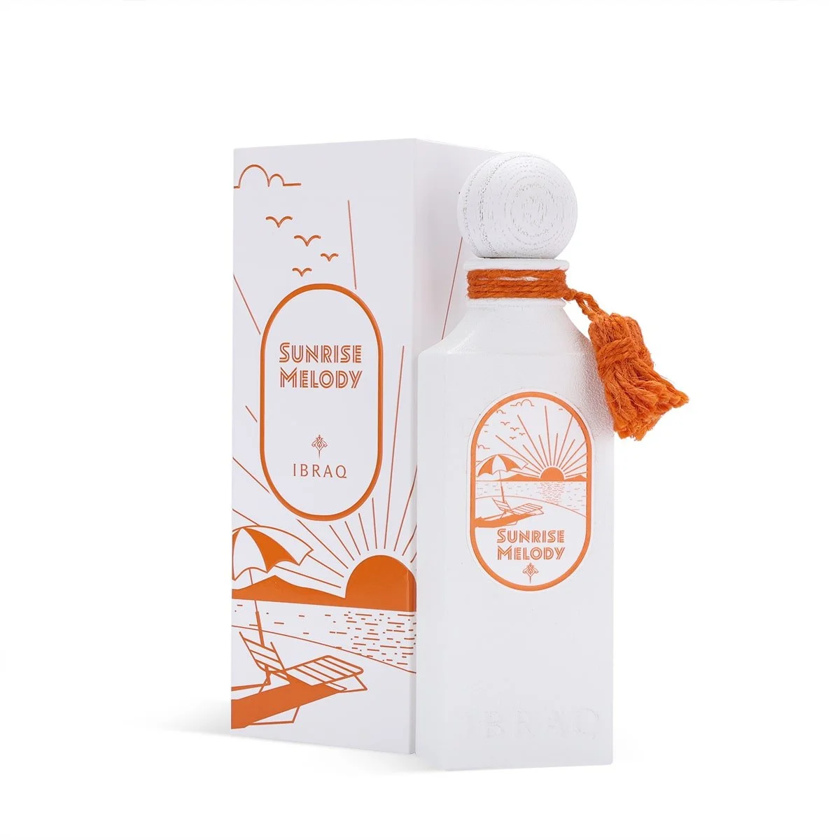 Sunrise Melody by Ibraheem Al Qurashi 100ml Eau de Parfum bottle displayed in front of its luxury box.