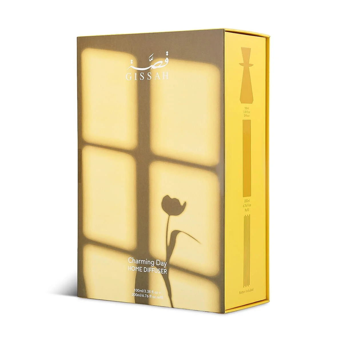 Front view of Gissah Charming Day diffuser box, luxury citrus woody home fragrance UK