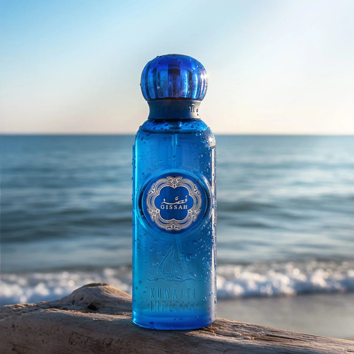 Kuwaiti Imperial Gissah fragrance with sea view background inspired by Kuwait heritage and coastal elegance