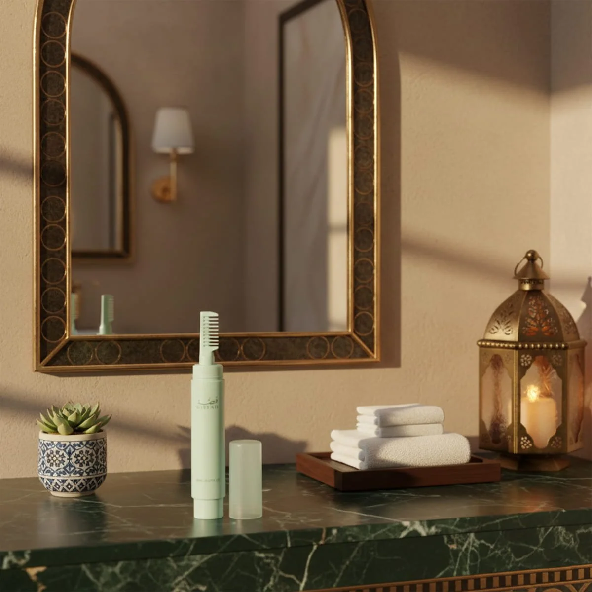 Gissah No.3 scented hair serum displayed on a luxury tiled bathroom counter, modern oriental perfumed hair care by Gissah