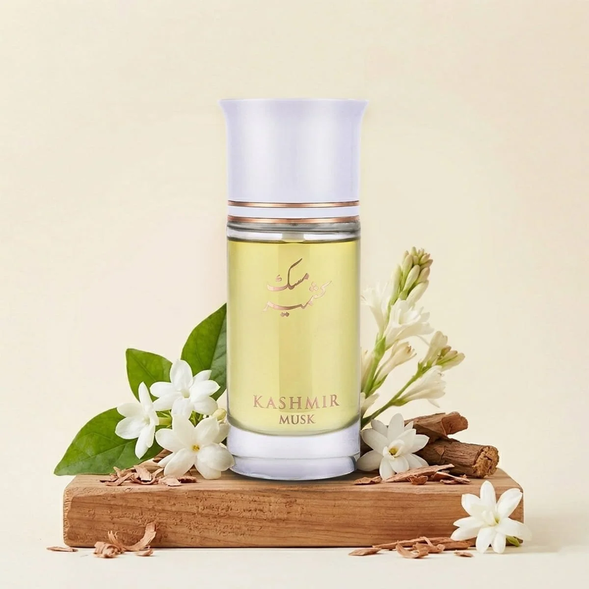 Arabian Oud Kashmir Musk perfume with pear blossom, ylang ylang and musk ingredients, luxury fragrance UK