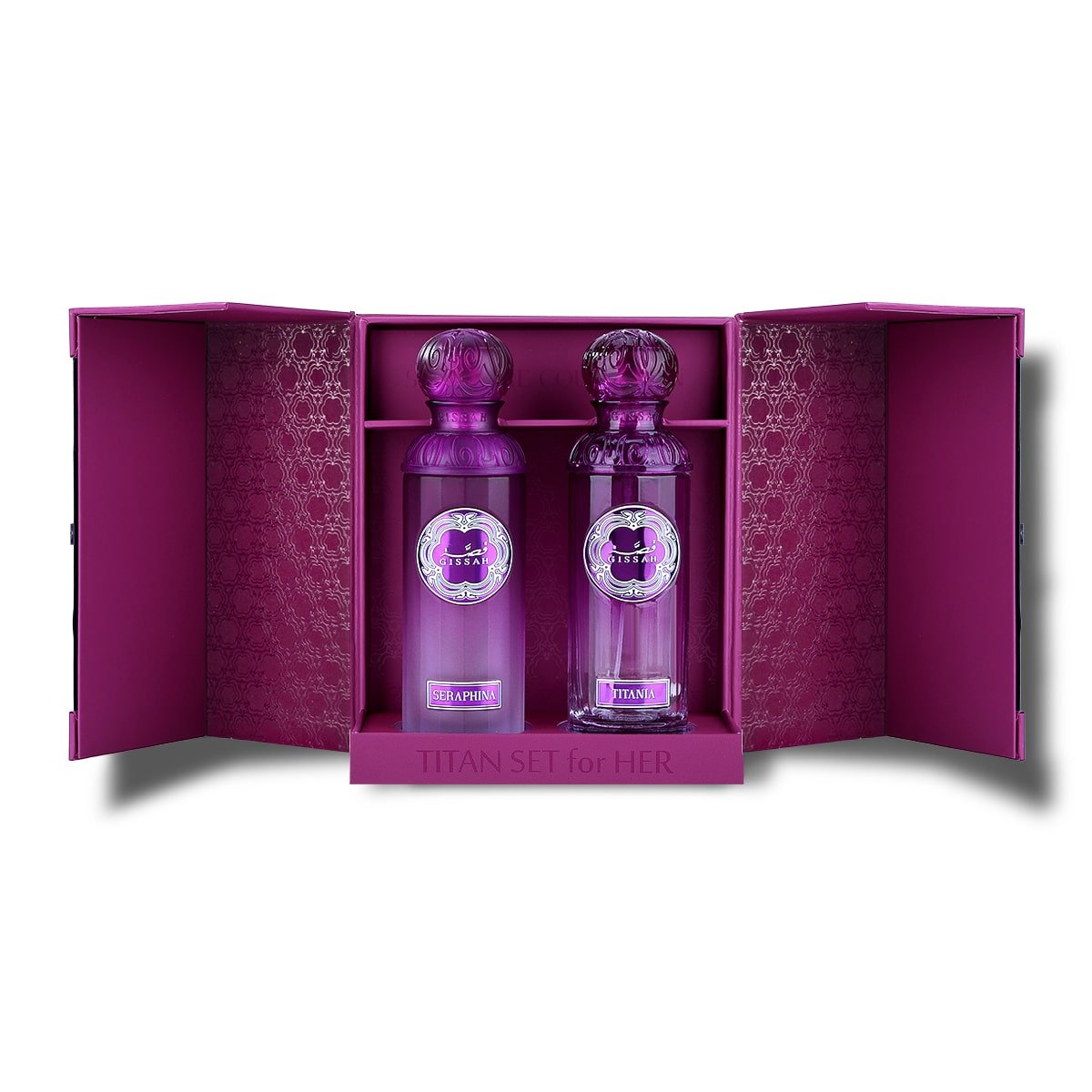 Titan Her by Gissah perfume set displayed inside luxurious pink presentation box with Titania and Seraphina bottles.