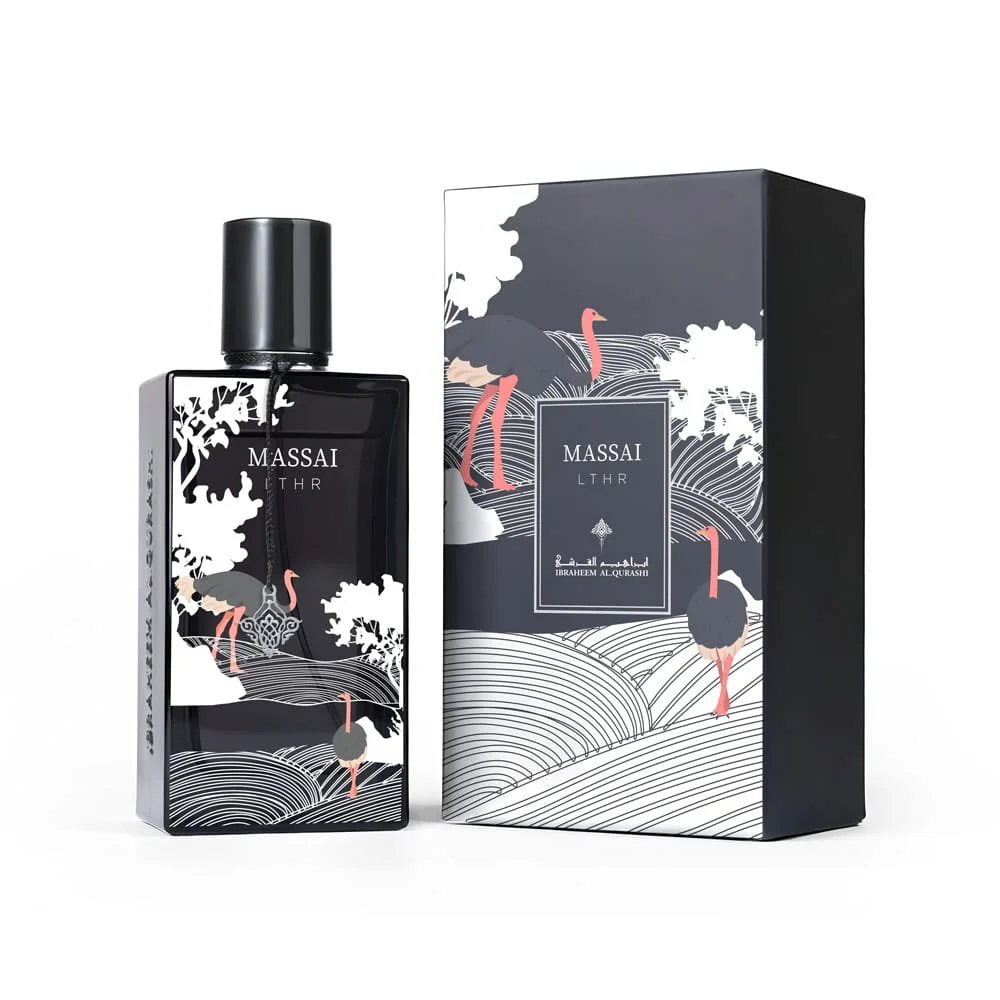 IBRAQ Massai Leather perfume 75ml next to box, luxury leather fragrance UK