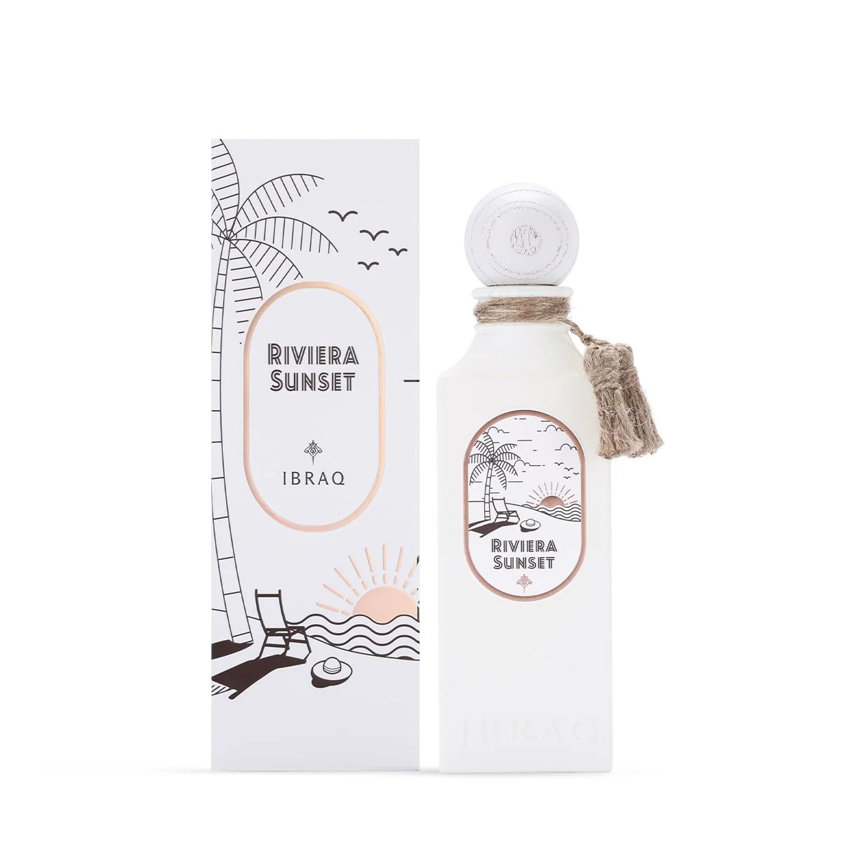 Riviera Sunset by Ibraheem Al Qurashi 100ml Eau de Parfum bottle displayed in front of its luxury box.