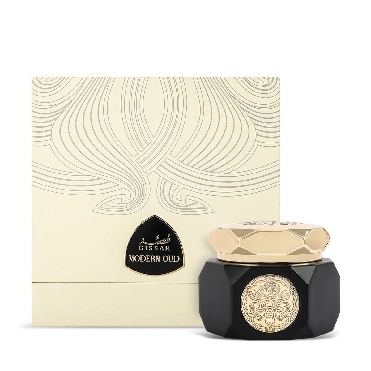 Modern Oud Mammoul placed in front of Gissah box, premium Arabian incense UK
