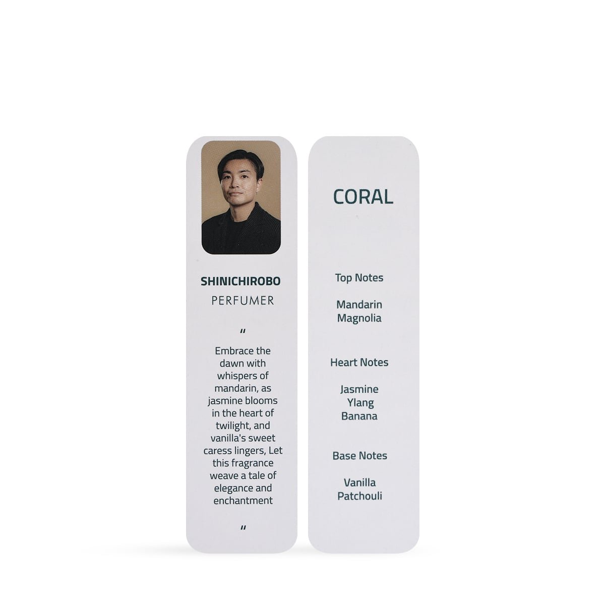 Coral perfume by Reef Perfumes with fragrance notes and perfumer details displayed on elegant paper slips