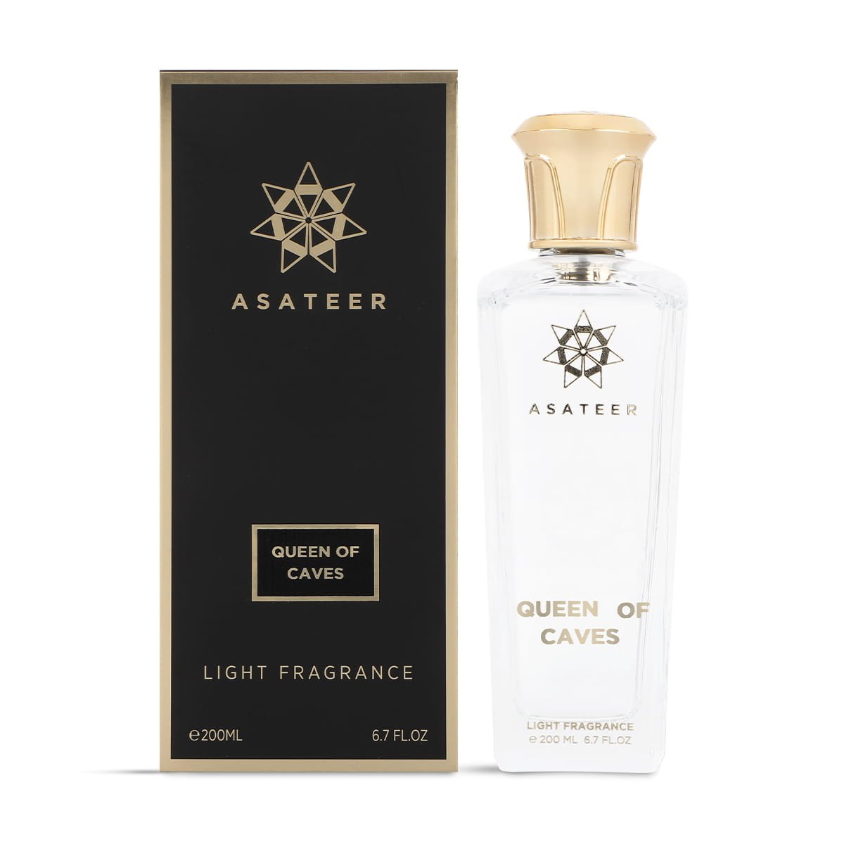 Asateer Queen Of Caves Light Fragrance 200ml next to luxury branded box UK