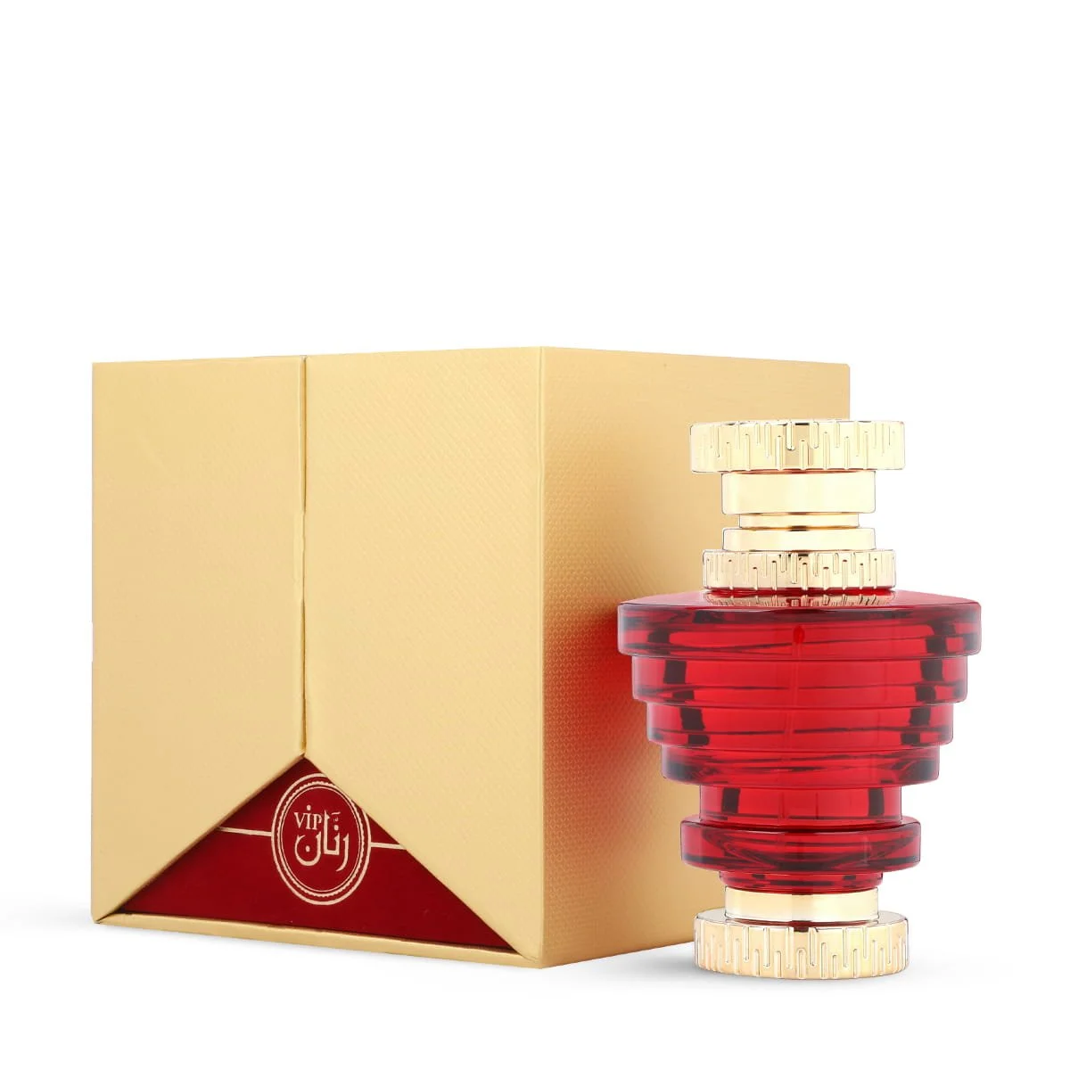 Al Majed Oud Rannan VIP Red eau de parfum 100ml next to box, luxury fragrance UK