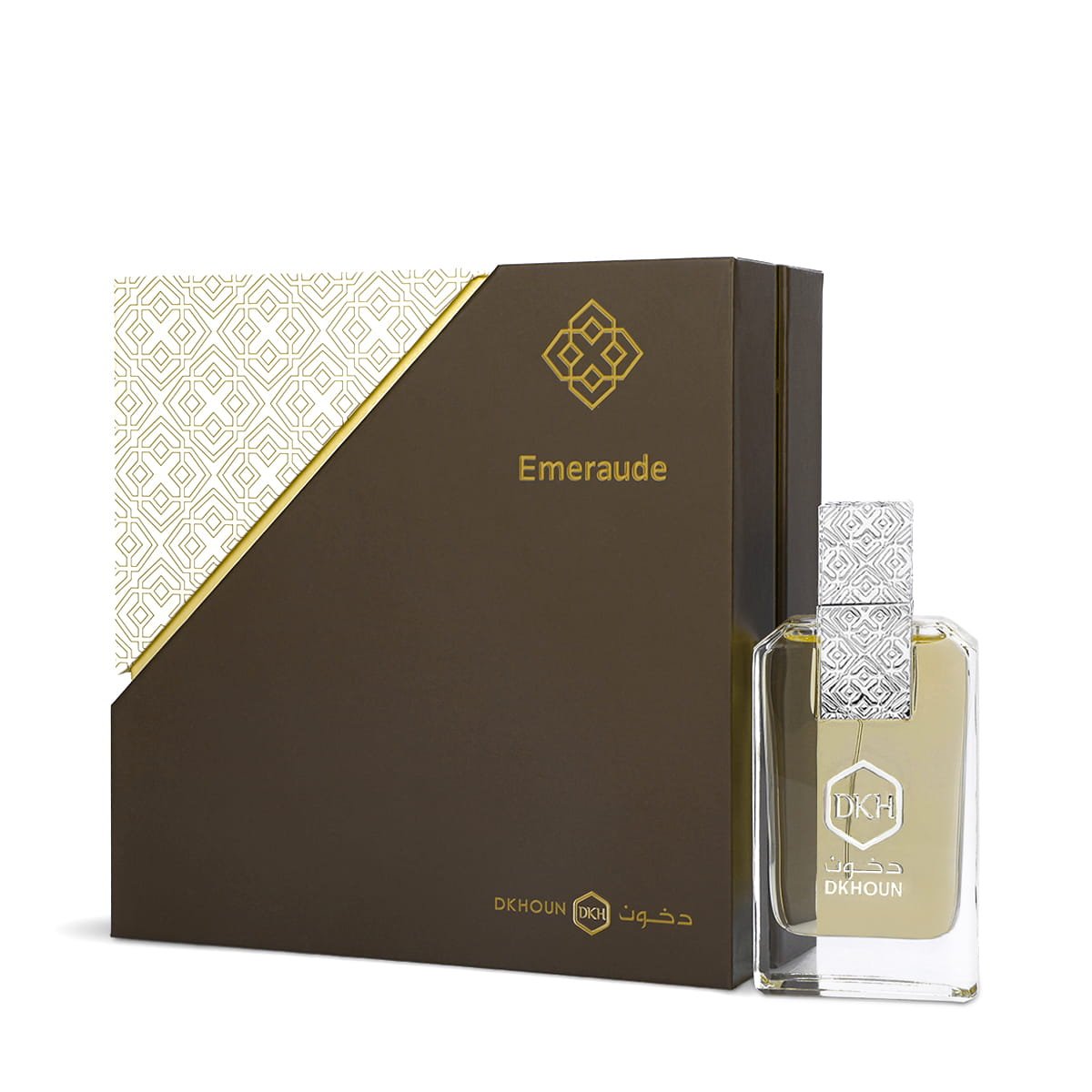 Dkhoun Emeraude Iris Eau De Parfum 85ml next to luxury box UK