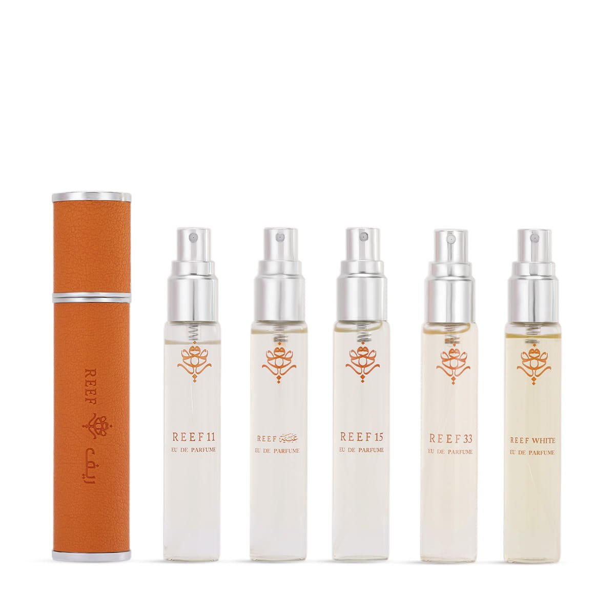 Reef orange travel atomizer with 5 perfume bottles, luxury Arabian fragrance set UK