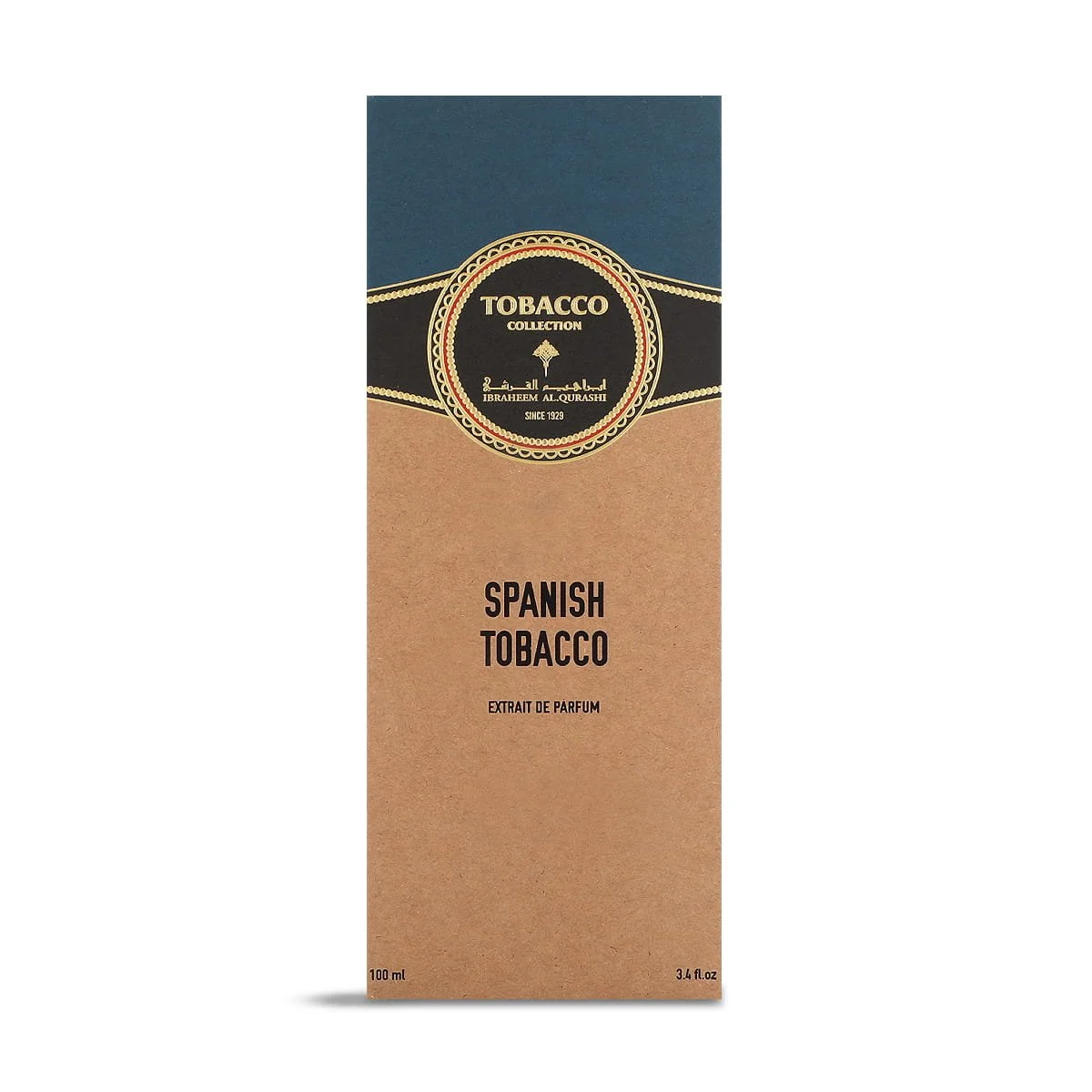 Front view of IBRAQ Spanish Tobacco perfume box, luxury packaging UK