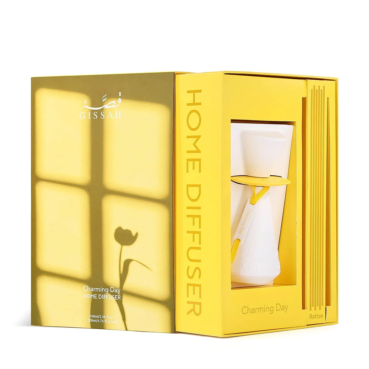 Gissah Charming Day diffuser set inside open box with sticks and case, luxury UK gift