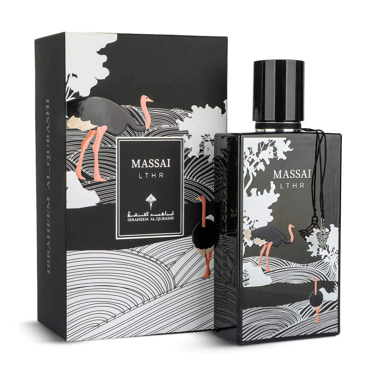 IBRAQ Massai Leather perfume in front of box, premium fragrance UK