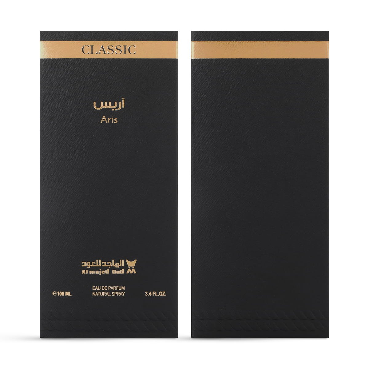 Front and back of Al Majed Oud Aris Classic perfume box, luxury packaging UK