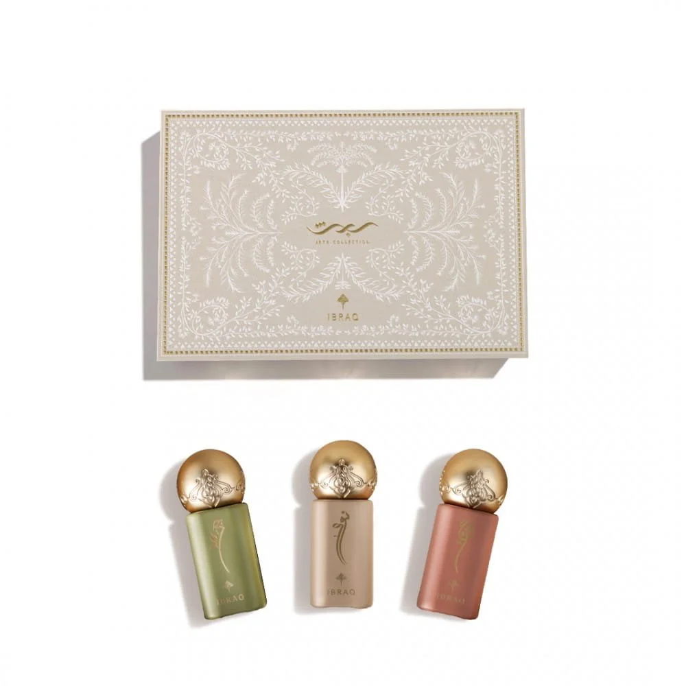 IBRAQ IRTH Oils collection 3x6ml next to box, premium perfume oil set UK