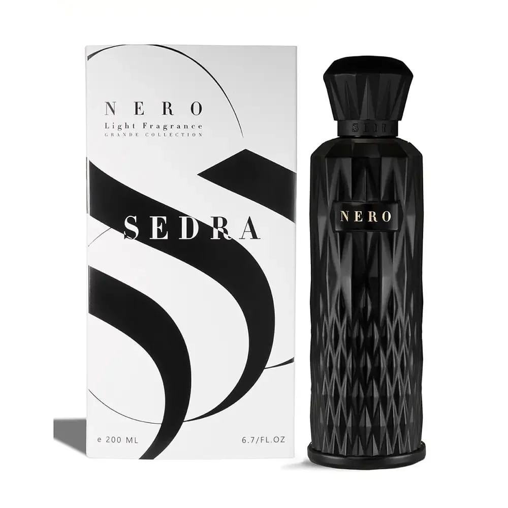 Sedra Nero perfume 200ml next to luxury box, premium vanilla amber fragrance UK
