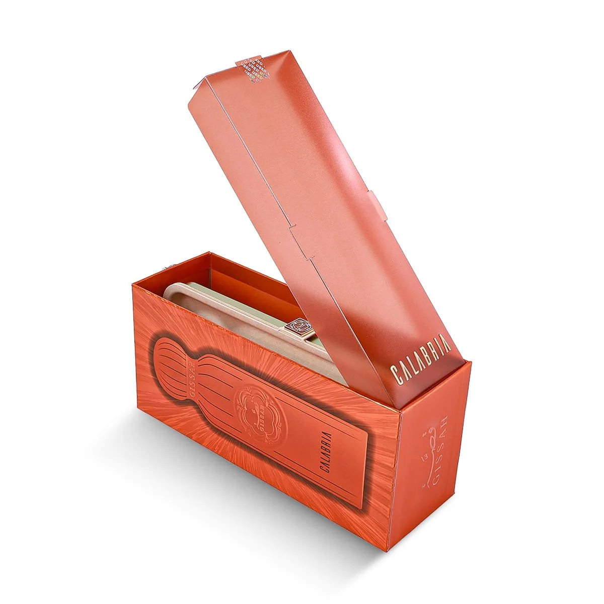 Gissah Calabria perfume box slightly open, premium luxury fragrance packaging UK