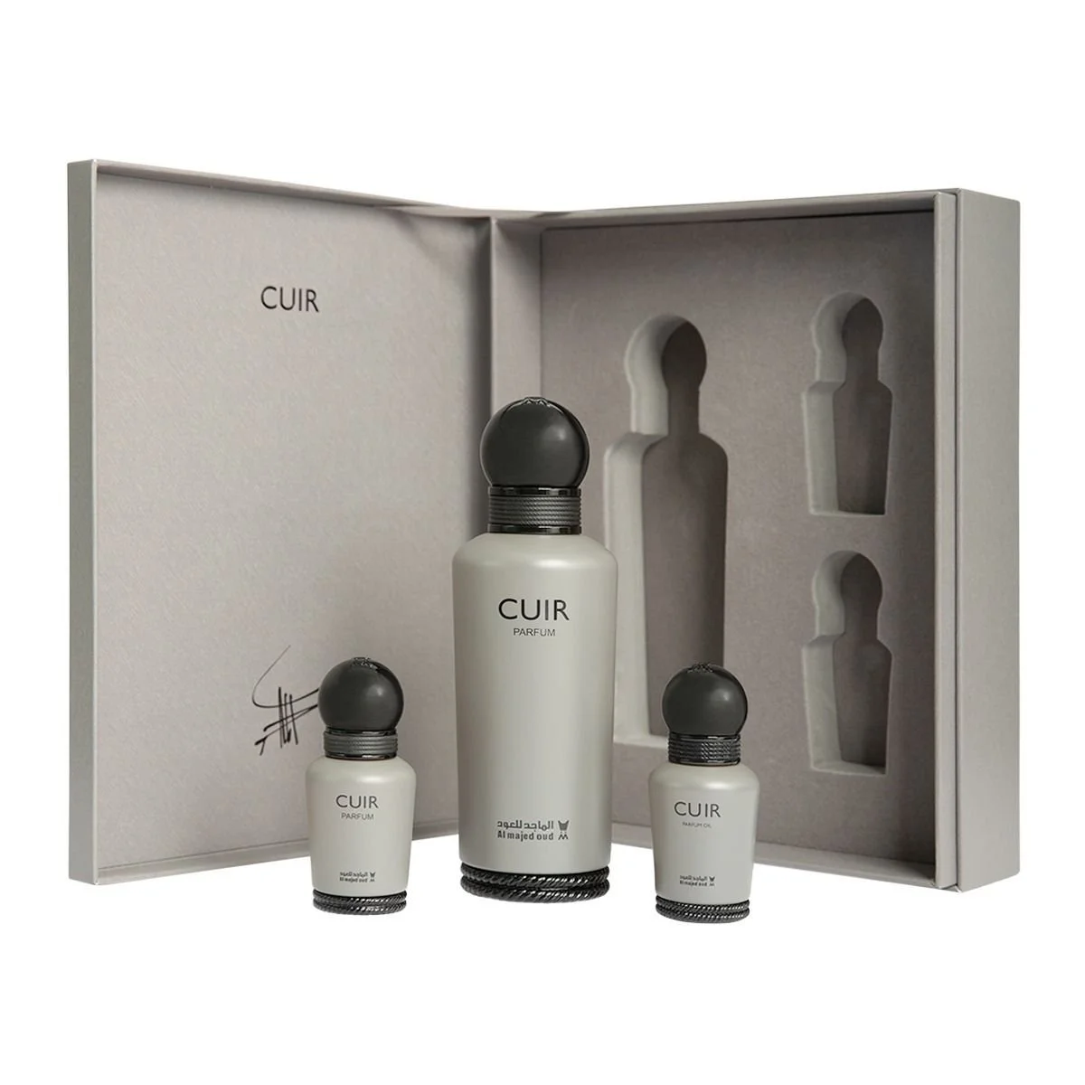 Front view of Al Majed Oud Cuir gift set open box showing full fragrance collection, premium UK set