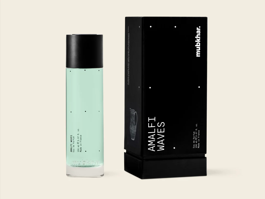 Mubkhar Amalfi Waves Eau De Parfum 150ml beside its box, elegant aquatic citrus perfume UK