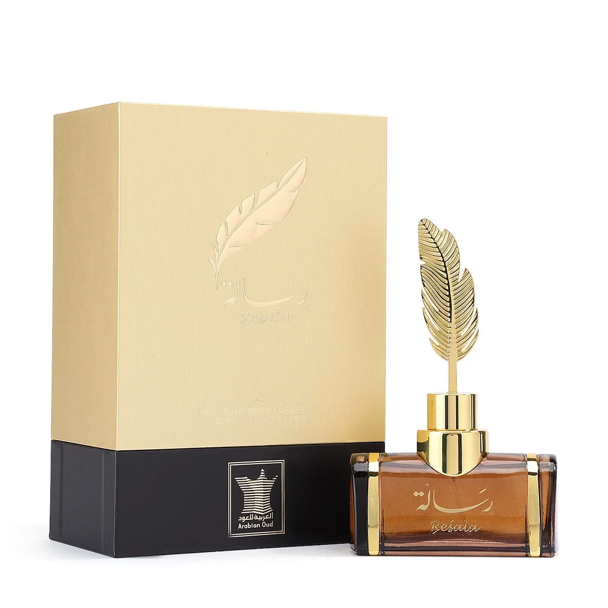 Arabian Oud Resala 100ml perfume displayed next to box, sweet gourmand fragrance UK