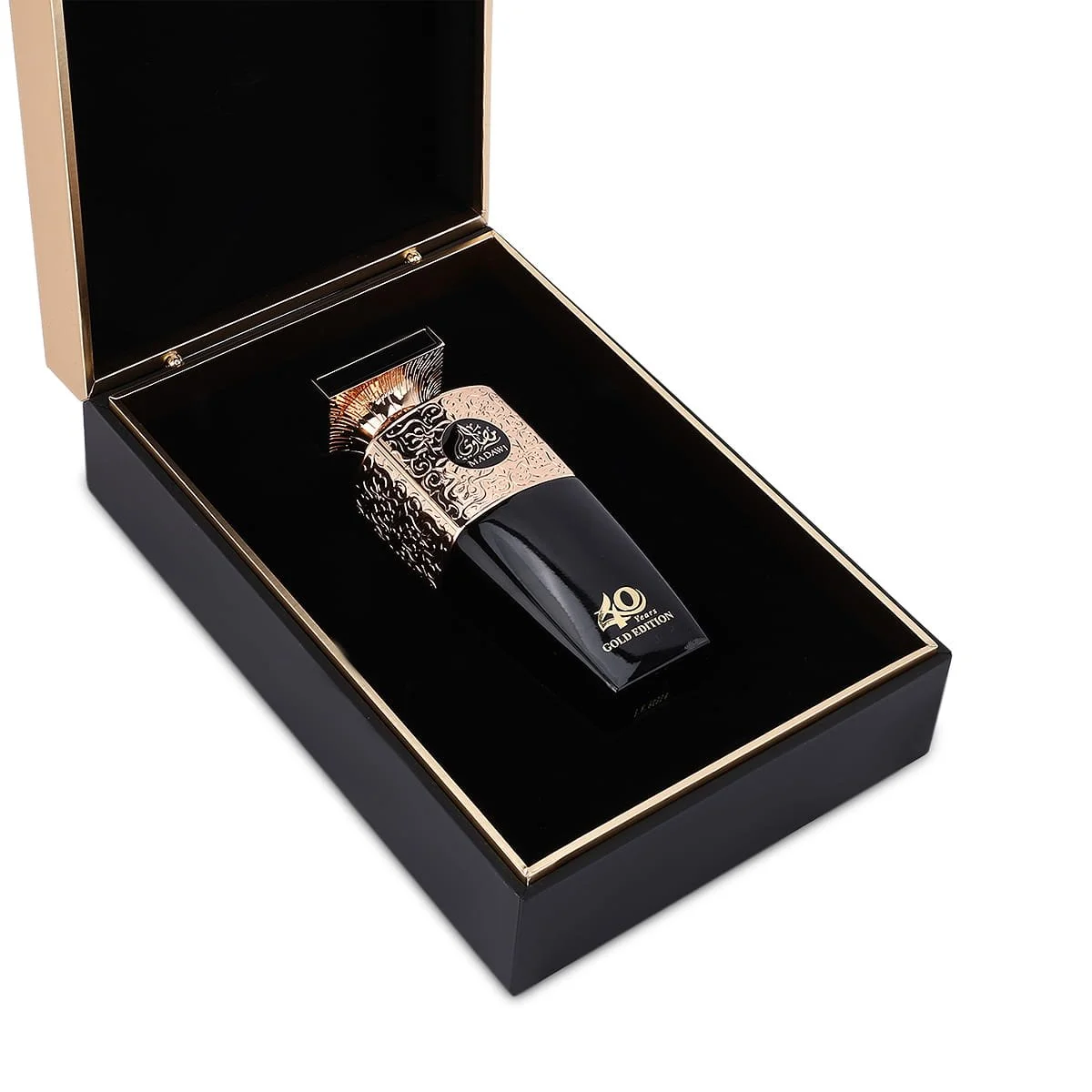 Arabian Oud Madawi Gold perfume inside open luxury box, premium fragrance presentation UK