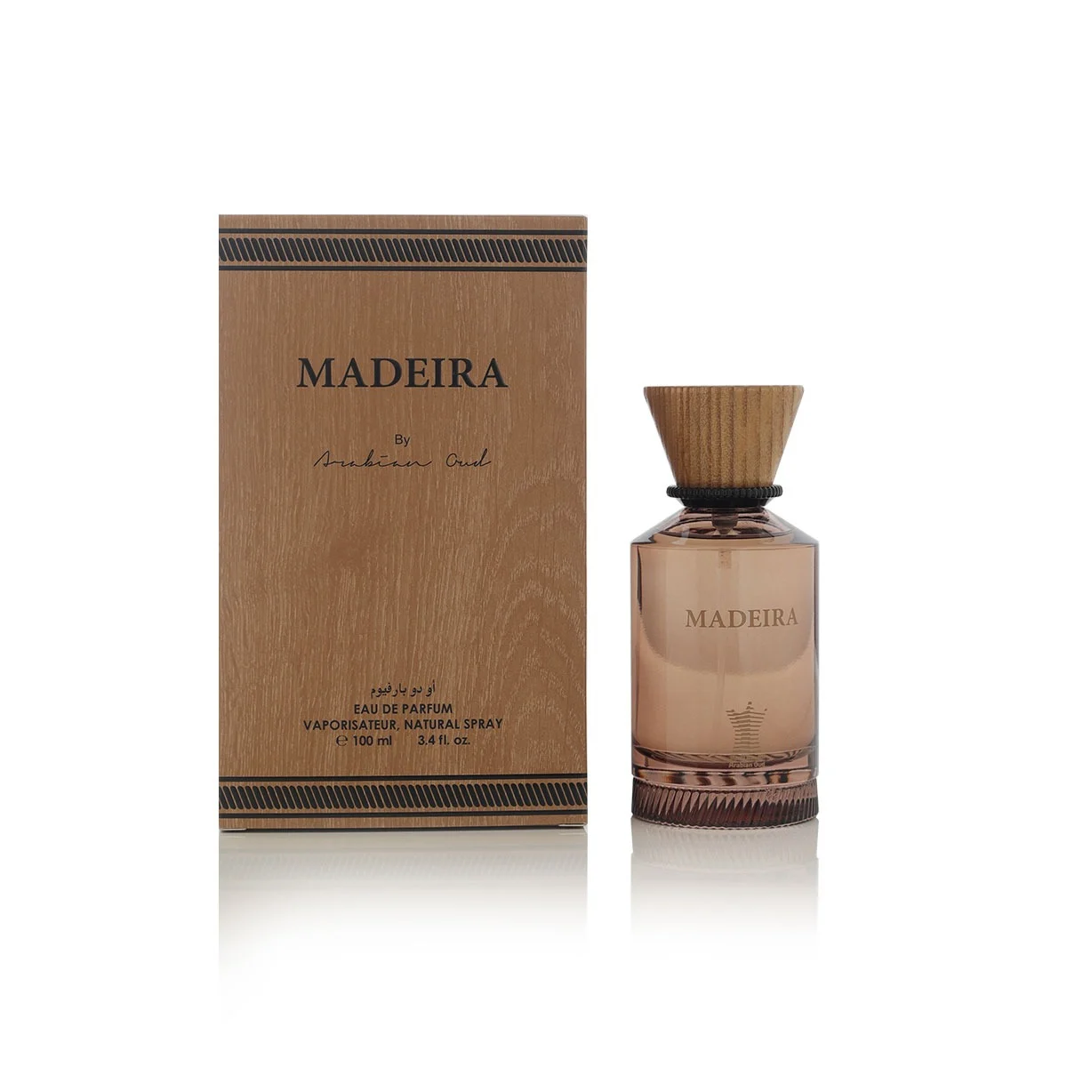 Arabian Oud MADEIRA 100ml perfume displayed next to luxury box, woody amber fragrance UK