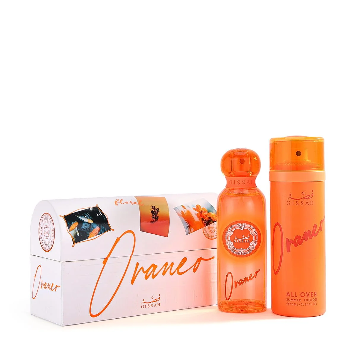 Gissah Oraneo Summer Edition Eau De Parfum and All Over Spray beside luxury presentation case UK