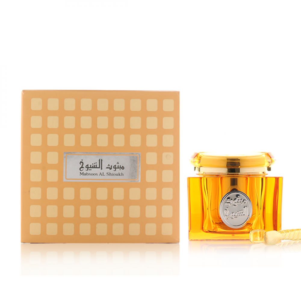Arabian Oud Mabsoos Al Shioukh incense case displayed next to luxury box, oud vanilla bakhoor UK