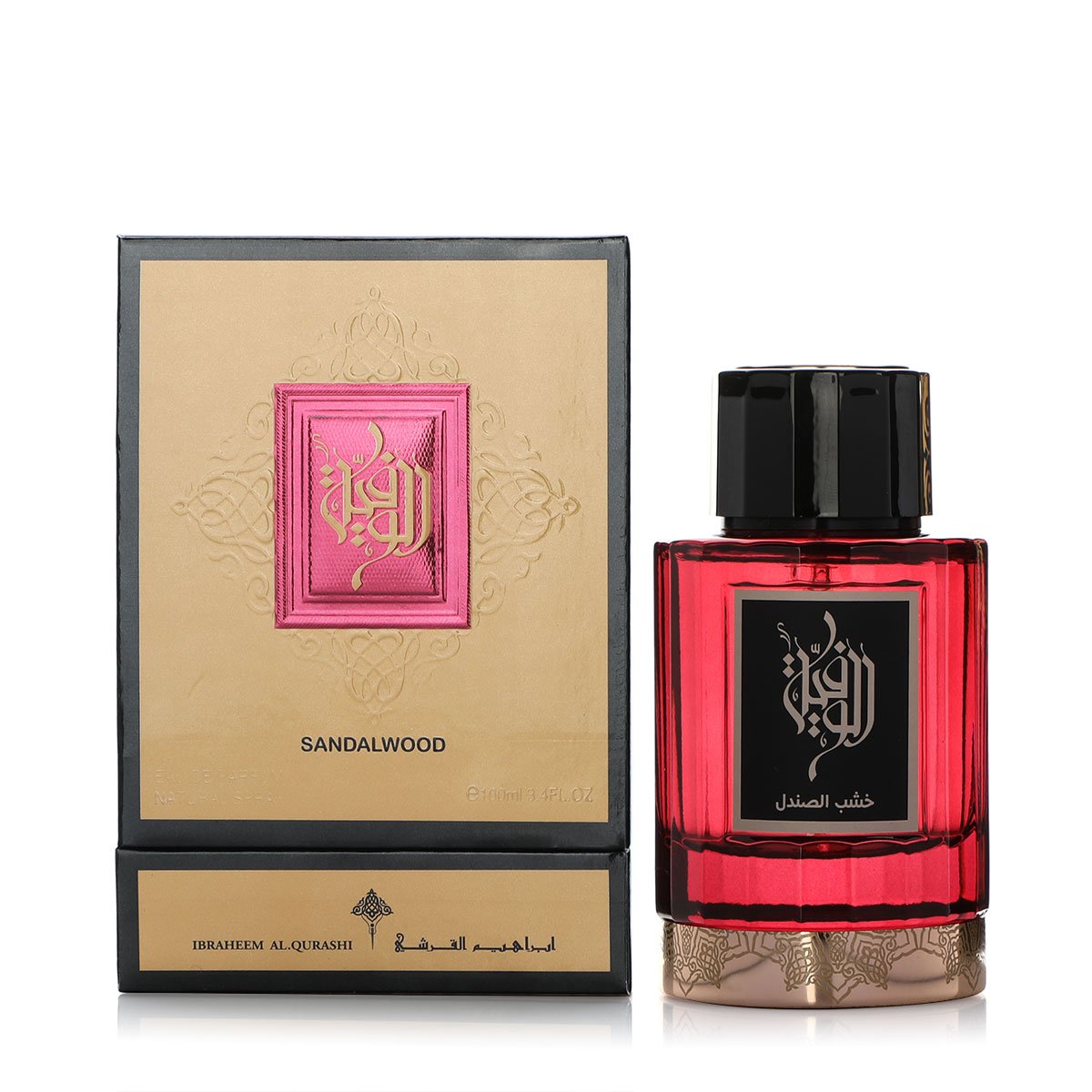 IBRAQ Al Wafia Sandalwood perfume 100ml next to box, premium woody fragrance UK