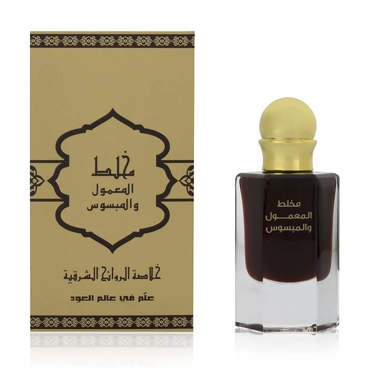 Al Majed Oud Dehn Mukhallat Al Maamoul and Al Mabsous 60ml next to box, luxury perfume oil UK