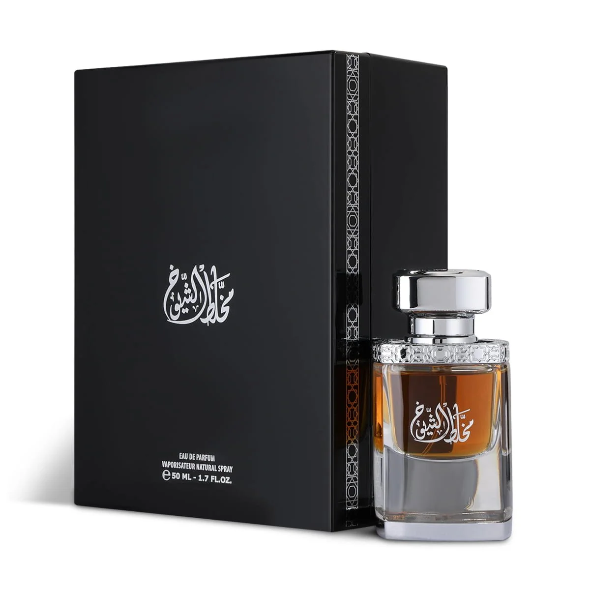 Al Majed Oud Mukhallat Al Shiyoukh New perfume 50ml next to box, luxury fragrance UK
