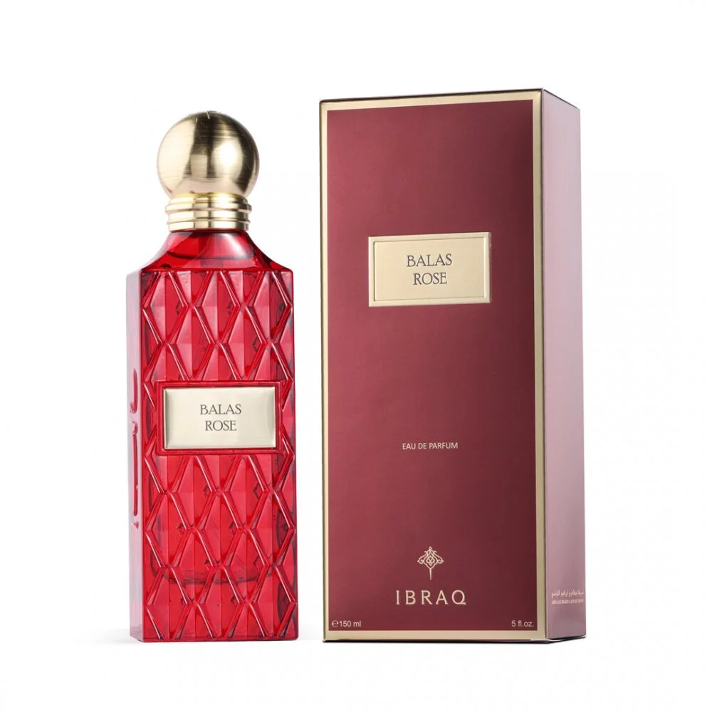 IBRAQ Balas Rose perfume 150ml next to box, premium fragrance UK