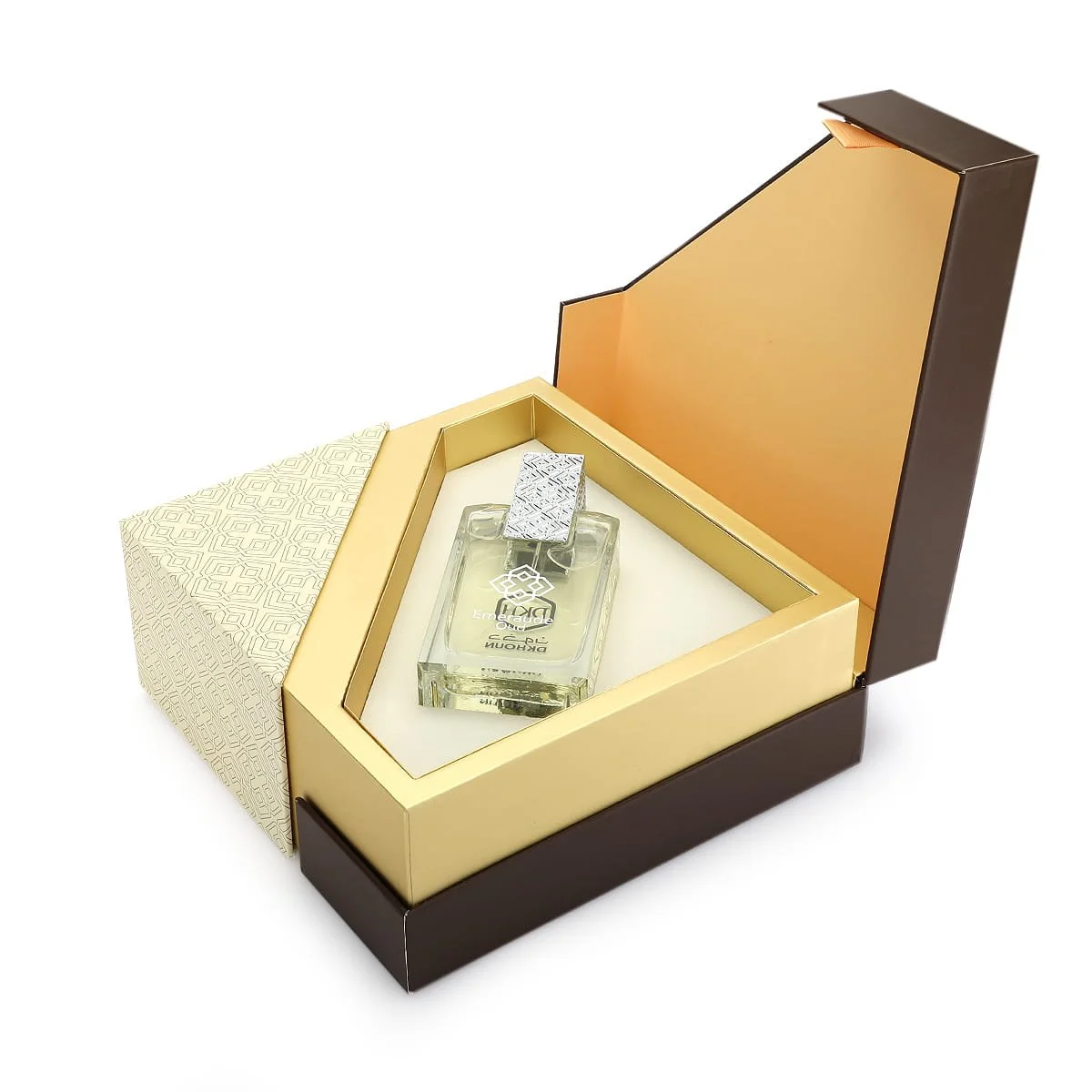 Dkhoun Emeraude Oud Eau De Parfum inside open luxury presentation box UK
